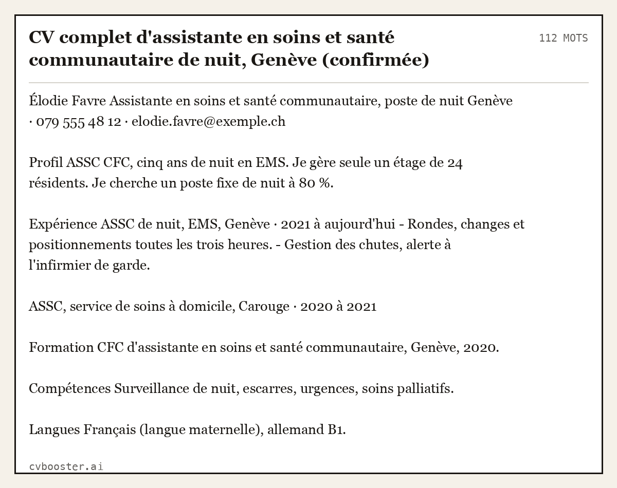 Exemple complet: CV complet d'assistante en soins et santé communautaire de nuit, Genève (confirmée), 112 mots