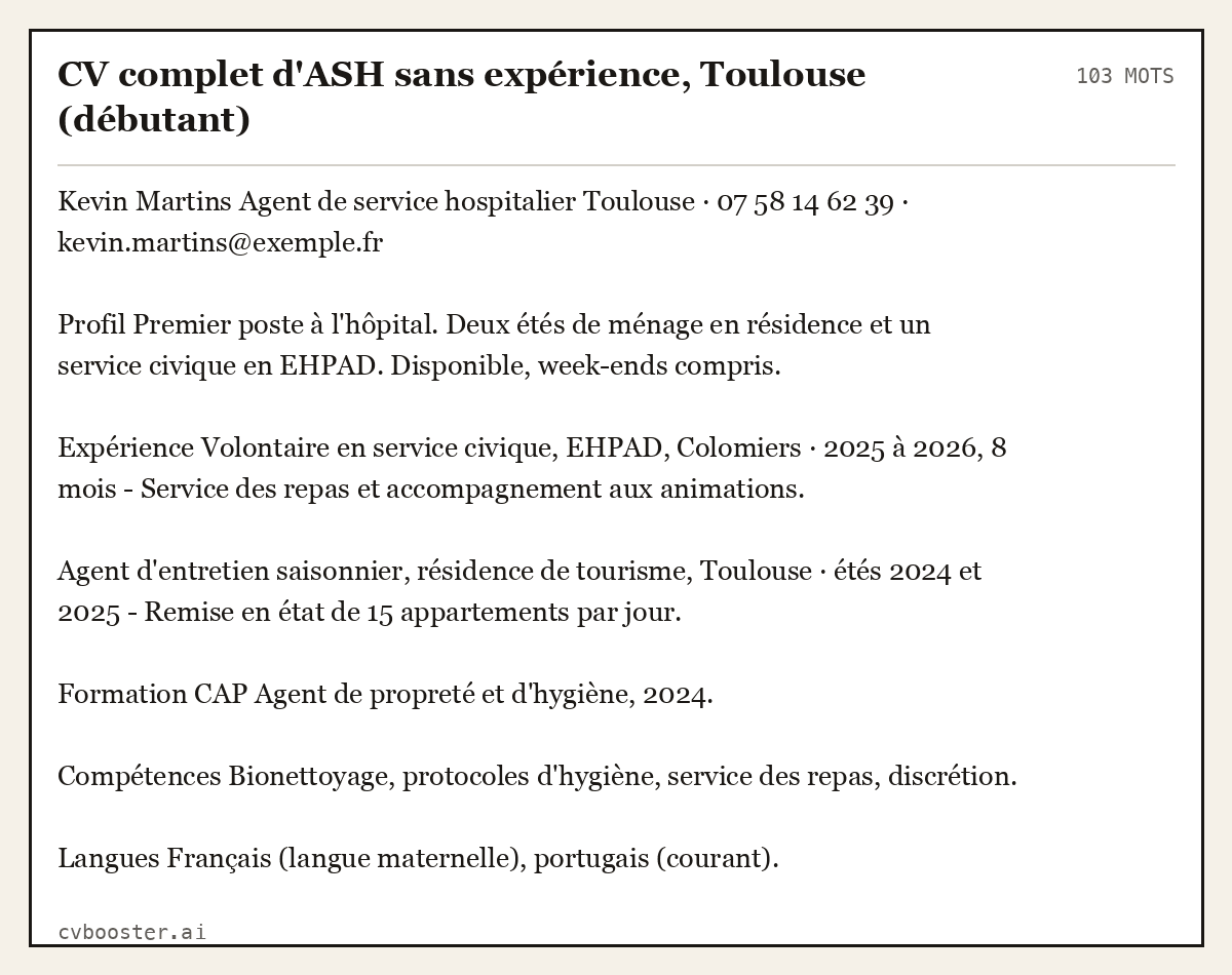Exemple complet: CV complet d'ASH sans expérience, Toulouse (débutant), 103 mots
