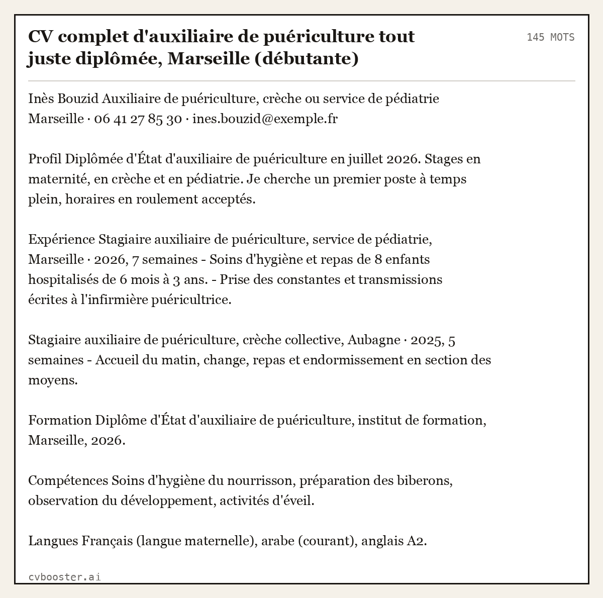 Exemple complet: CV complet d'auxiliaire de puériculture tout juste diplômée, Marseille (débutante), 145 mots