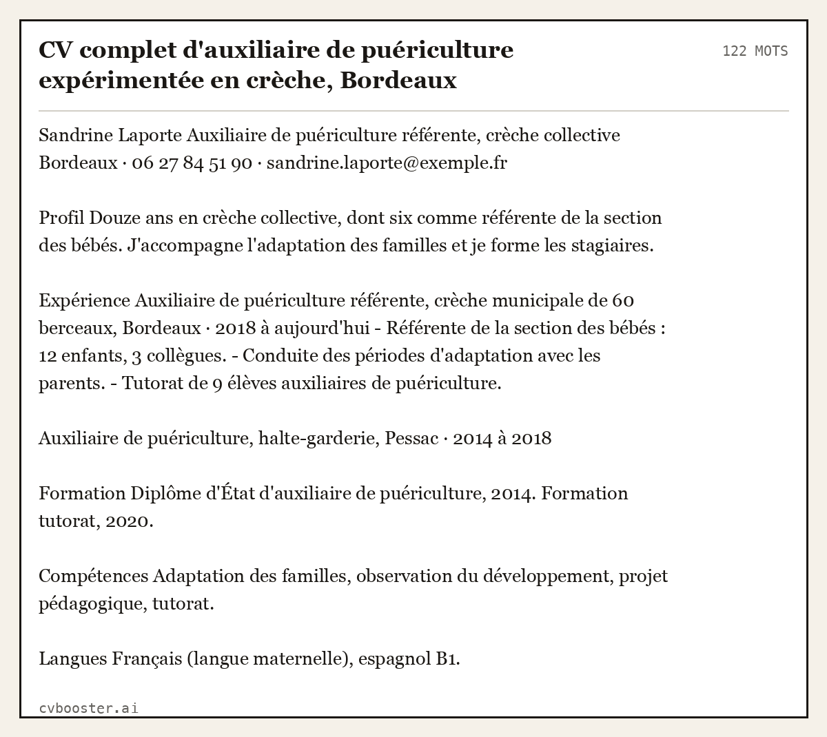 Exemple complet: CV complet d'auxiliaire de puériculture expérimentée en crèche, Bordeaux (expérimentée), 122 mots