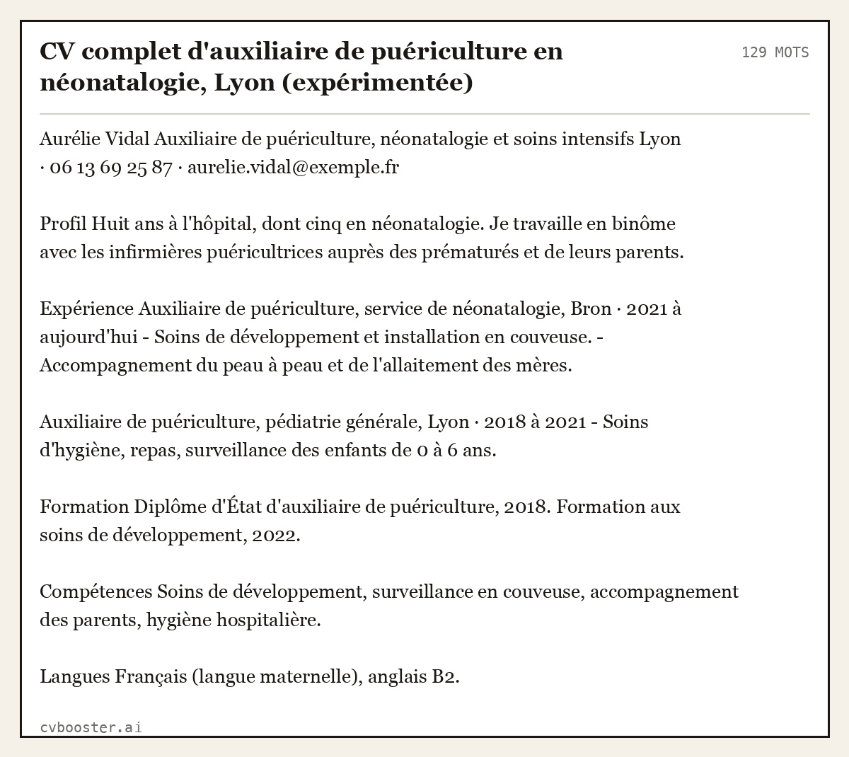 Exemple complet: CV complet d'auxiliaire de puériculture en néonatalogie, Lyon (expérimentée), 129 mots