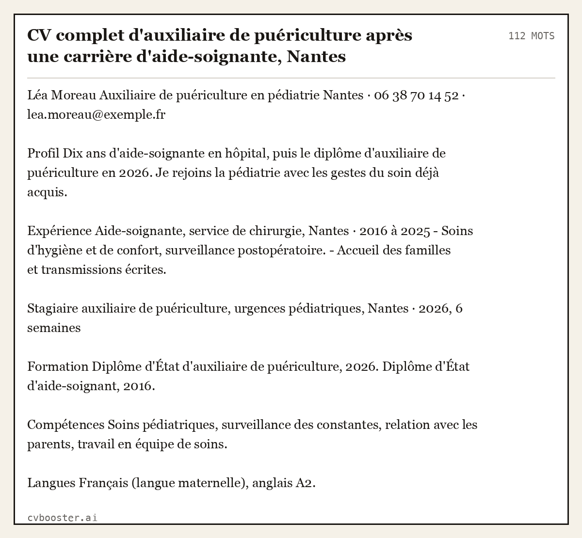 Exemple complet: CV complet d'auxiliaire de puériculture après une carrière d'aide-soignante, Nantes (confirmée), 112 mots