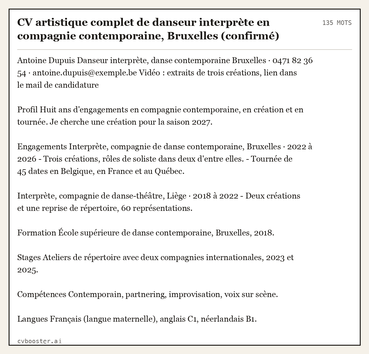 Exemple complet: CV artistique complet de danseur interprète en compagnie contemporaine, Bruxelles (confirmé), 135 mots