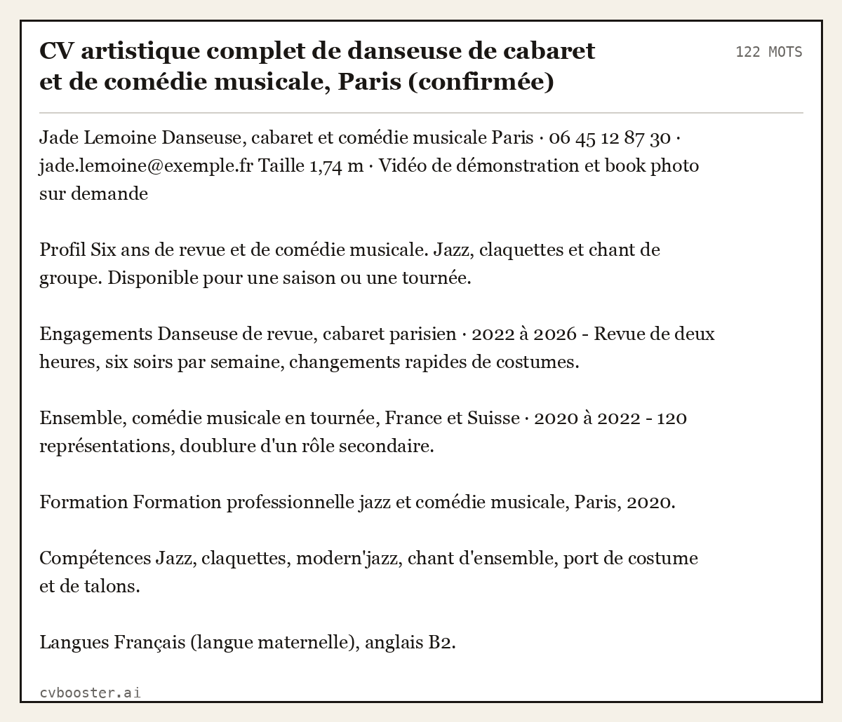 Exemple complet: CV artistique complet de danseuse de cabaret et de comédie musicale, Paris (confirmée), 122 mots