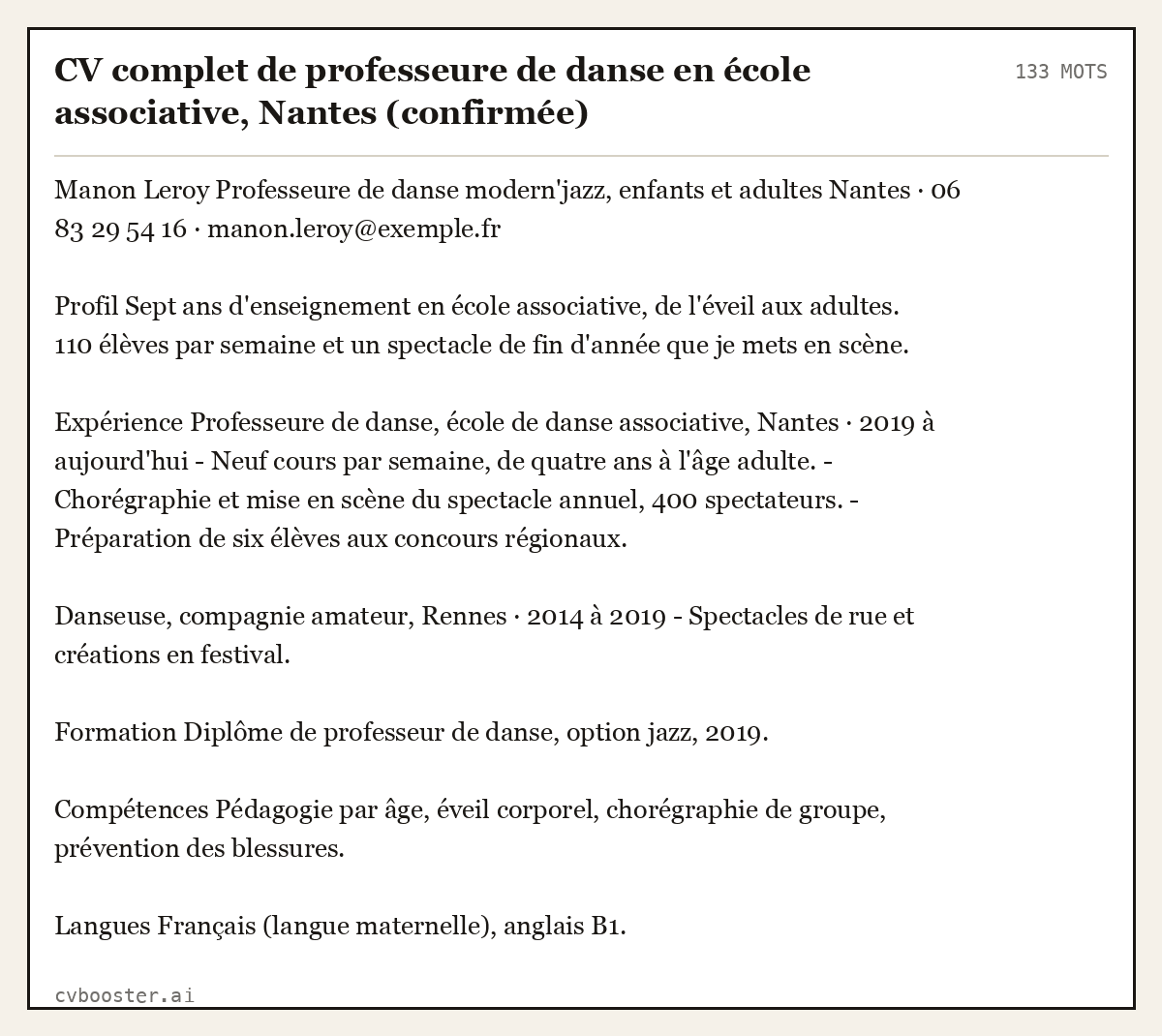 Exemple complet: CV complet de professeure de danse en école associative, Nantes (confirmée), 133 mots