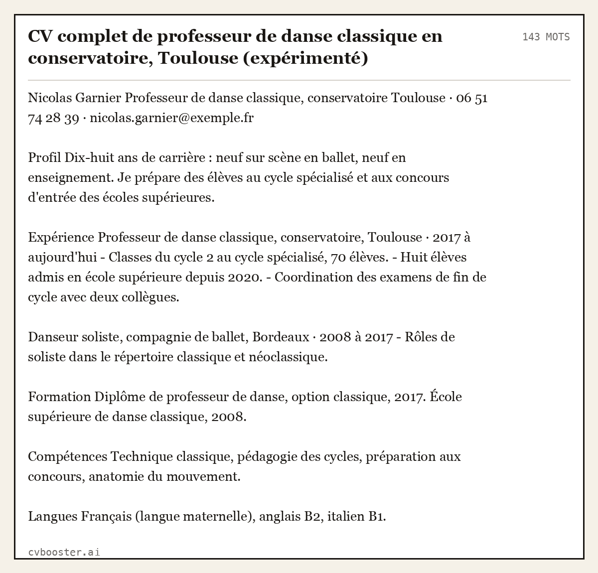 Exemple complet: CV complet de professeur de danse classique en conservatoire, Toulouse (expérimenté), 143 mots