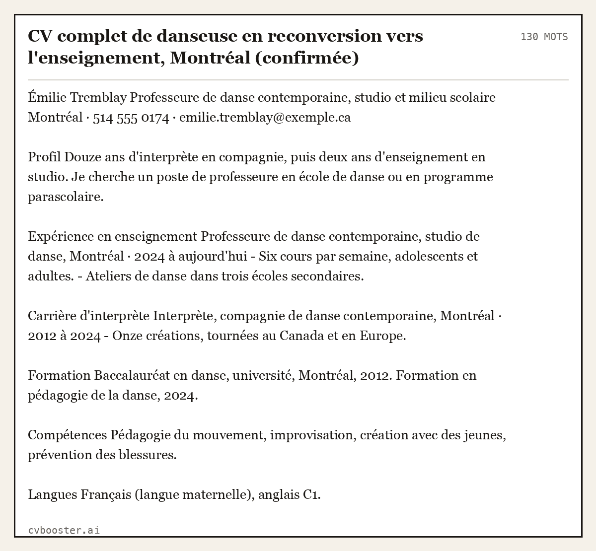 Exemple complet: CV complet de danseuse en reconversion vers l'enseignement, Montréal (confirmée), 130 mots