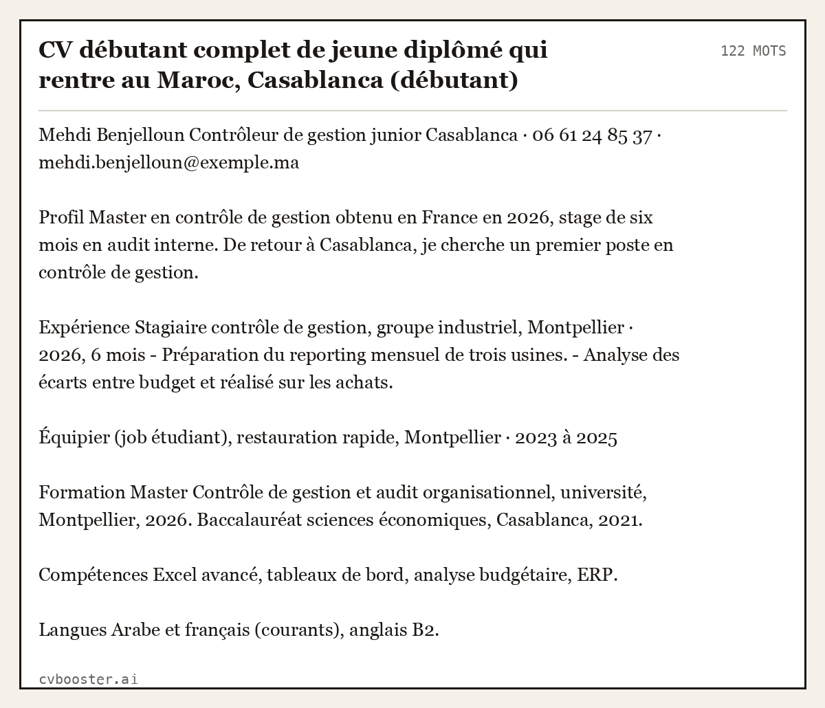 Exemple complet: CV débutant complet de jeune diplômé qui rentre au Maroc, Casablanca (débutant), 122 mots
