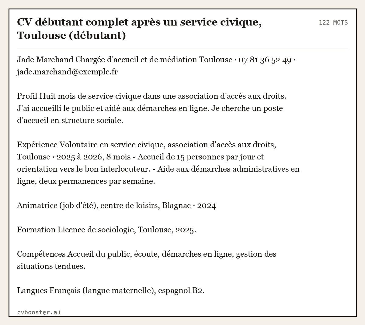 Exemple complet: CV débutant complet après un service civique, Toulouse (débutant), 122 mots
