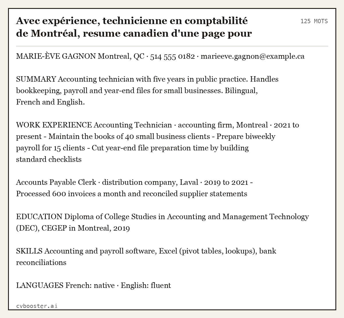 Exemple complet: Avec expérience, technicienne en comptabilité de Montréal, resume canadien d'une page pour Toronto, 125 mots