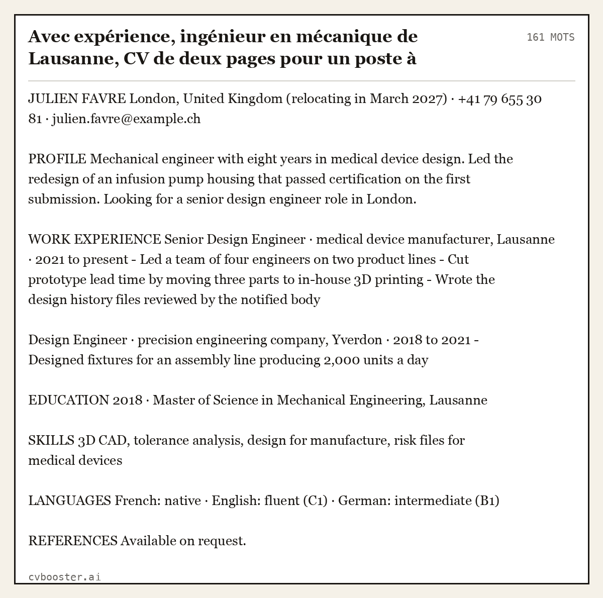 Exemple complet: Avec expérience, ingénieur en mécanique de Lausanne, CV de deux pages pour un poste à Londres, 161 mots