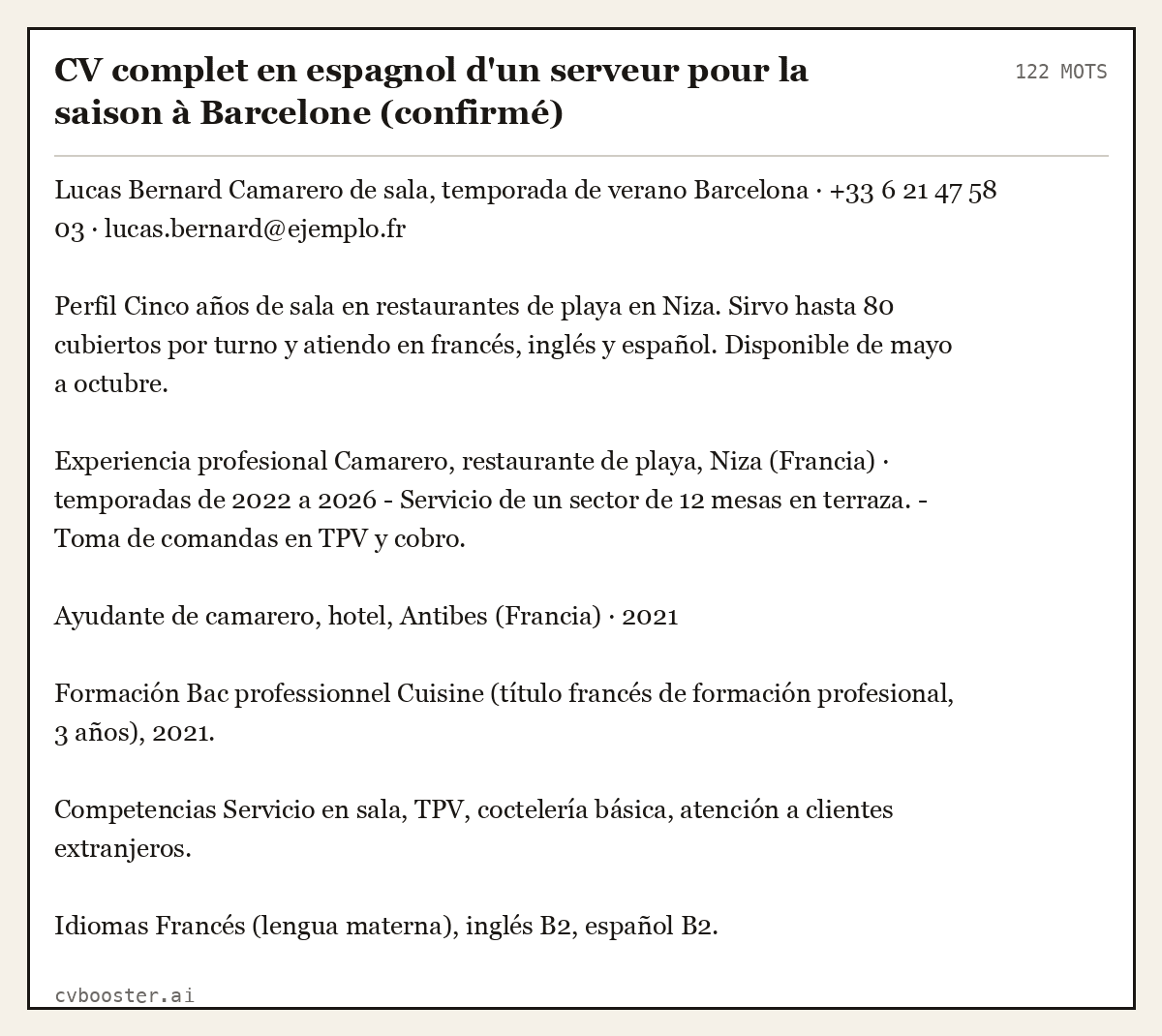 Exemple complet: CV complet en espagnol d'un serveur pour la saison à Barcelone (confirmé), 122 mots