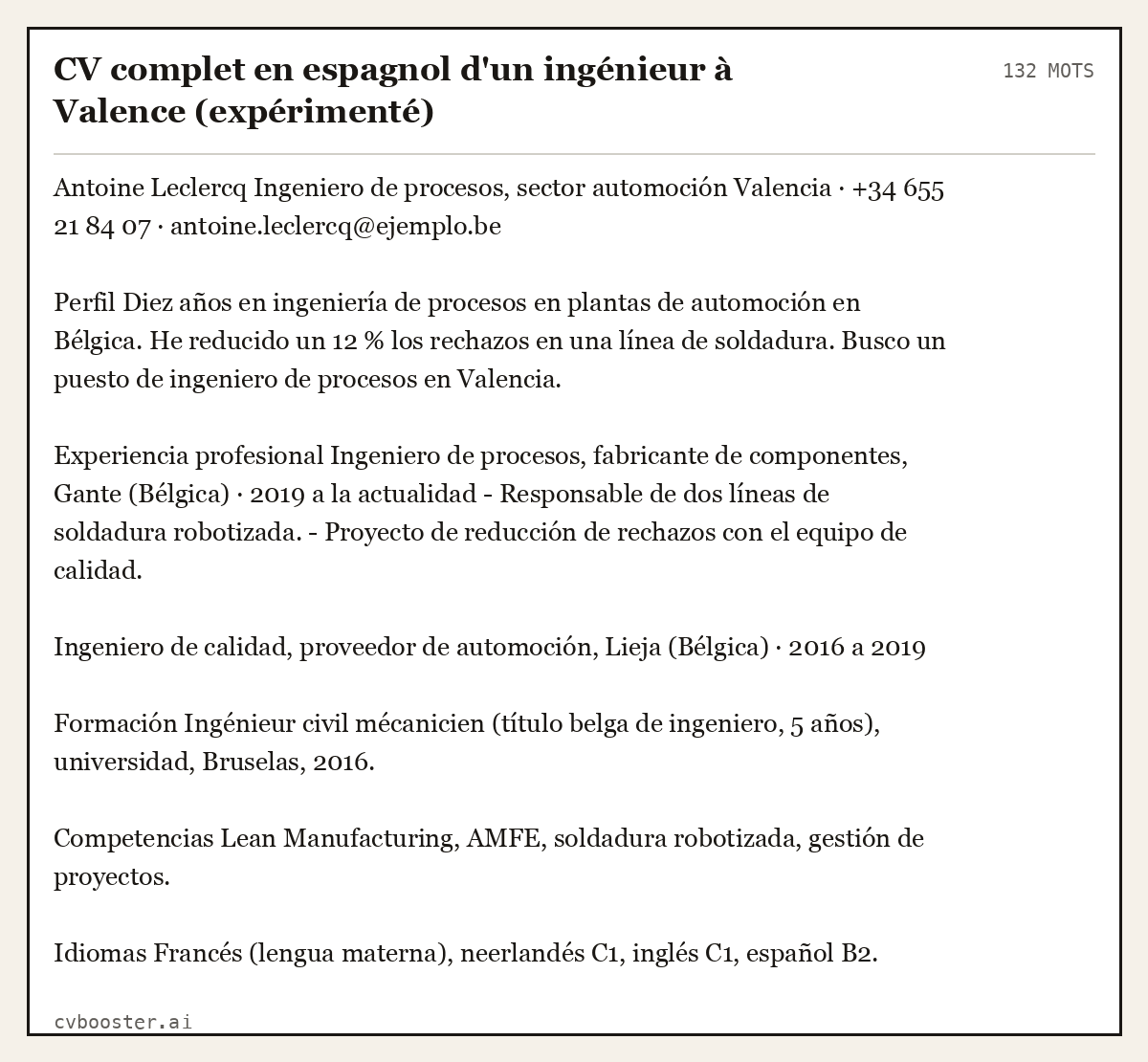 Exemple complet: CV complet en espagnol d'un ingénieur à Valence (expérimenté), 132 mots