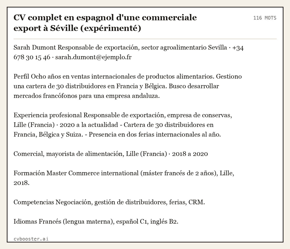 Exemple complet: CV complet en espagnol d'une commerciale export à Séville (expérimenté), 116 mots
