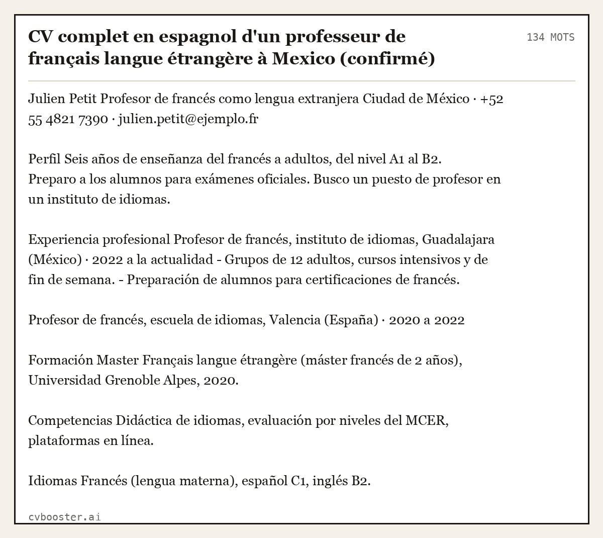 Exemple complet: CV complet en espagnol d'un professeur de français langue étrangère à Mexico (confirmé), 134 mots