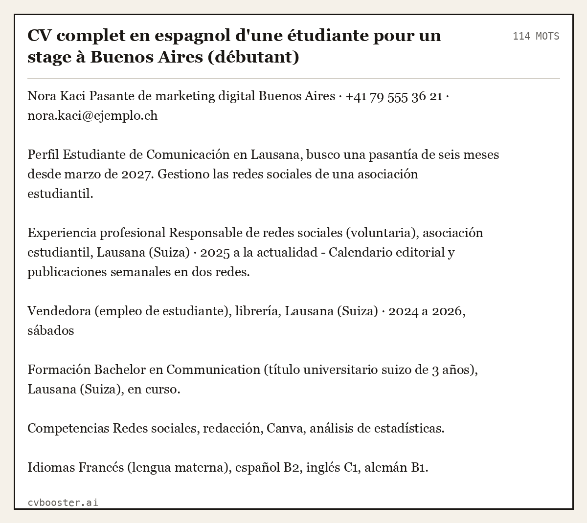 Exemple complet: CV complet en espagnol d'une étudiante pour un stage à Buenos Aires (débutant), 114 mots