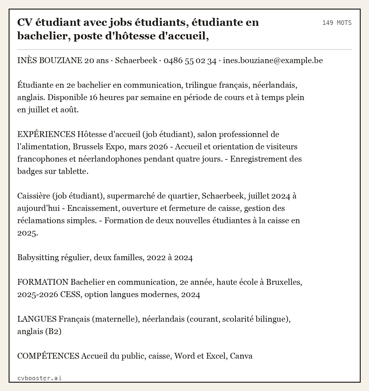 Exemple complet: CV étudiant avec jobs étudiants, étudiante en bachelier, poste d'hôtesse d'accueil, Bruxelles, 149 mots
