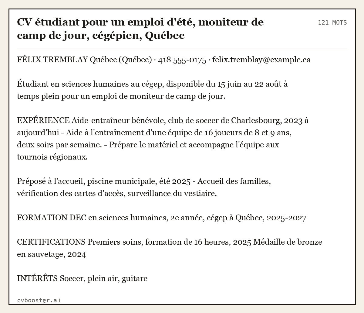 Exemple complet: CV étudiant pour un emploi d'été, moniteur de camp de jour, cégépien, Québec, 121 mots