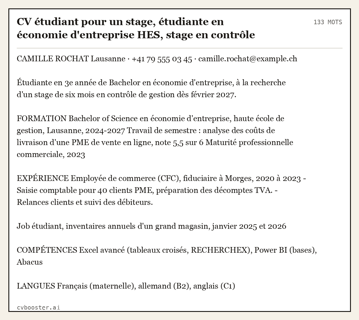 Exemple complet: CV étudiant pour un stage, étudiante en économie d'entreprise HES, stage en contrôle de gestion, Lausanne, 133 mots