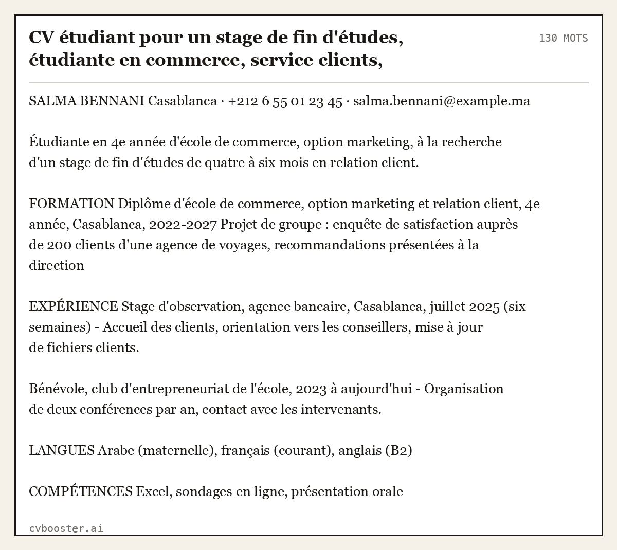 Exemple complet: CV étudiant pour un stage de fin d'études, étudiante en commerce, service clients, Casablanca, 130 mots
