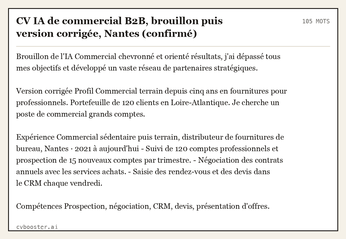Exemple complet: CV IA de commercial B2B, brouillon puis version corrigée, Nantes (confirmé), 105 mots