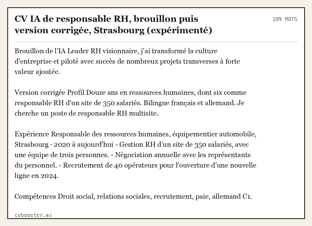 Exemple complet: CV IA de responsable RH, brouillon puis version corrigée, Strasbourg (expérimenté), 109 mots