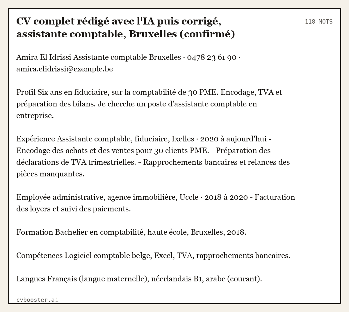 Exemple complet: CV complet rédigé avec l'IA puis corrigé, assistante comptable, Bruxelles (confirmé), 118 mots
