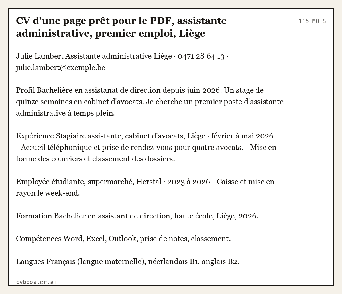 Exemple complet: CV d'une page prêt pour le PDF, assistante administrative, premier emploi, Liège (débutant), 115 mots