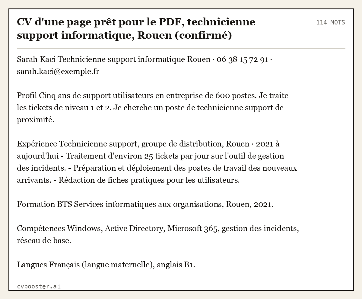 Exemple complet: CV d'une page prêt pour le PDF, technicienne support informatique, Rouen (confirmé), 114 mots