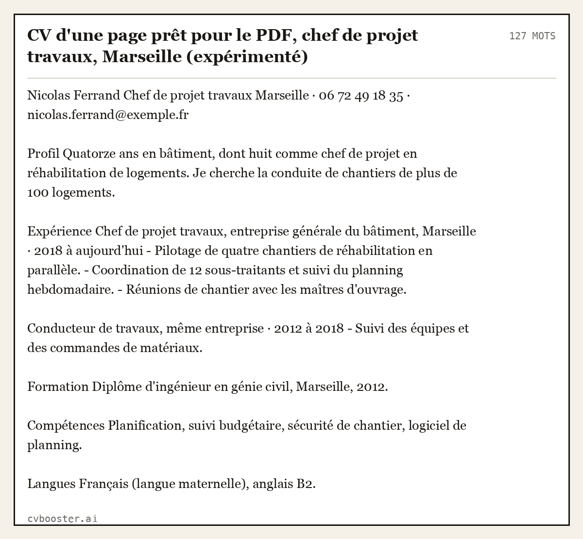 Exemple complet: CV d'une page prêt pour le PDF, chef de projet travaux, Marseille (expérimenté), 127 mots