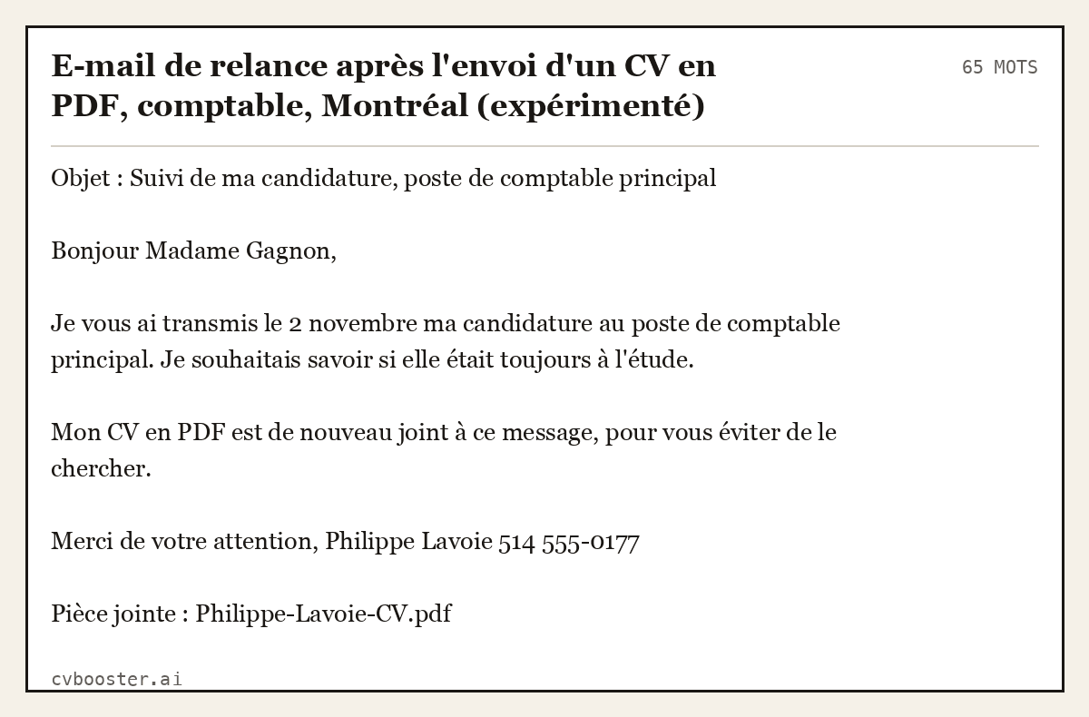 Exemple complet: E-mail de relance après l'envoi d'un CV en PDF, comptable, Montréal (expérimenté), 65 mots