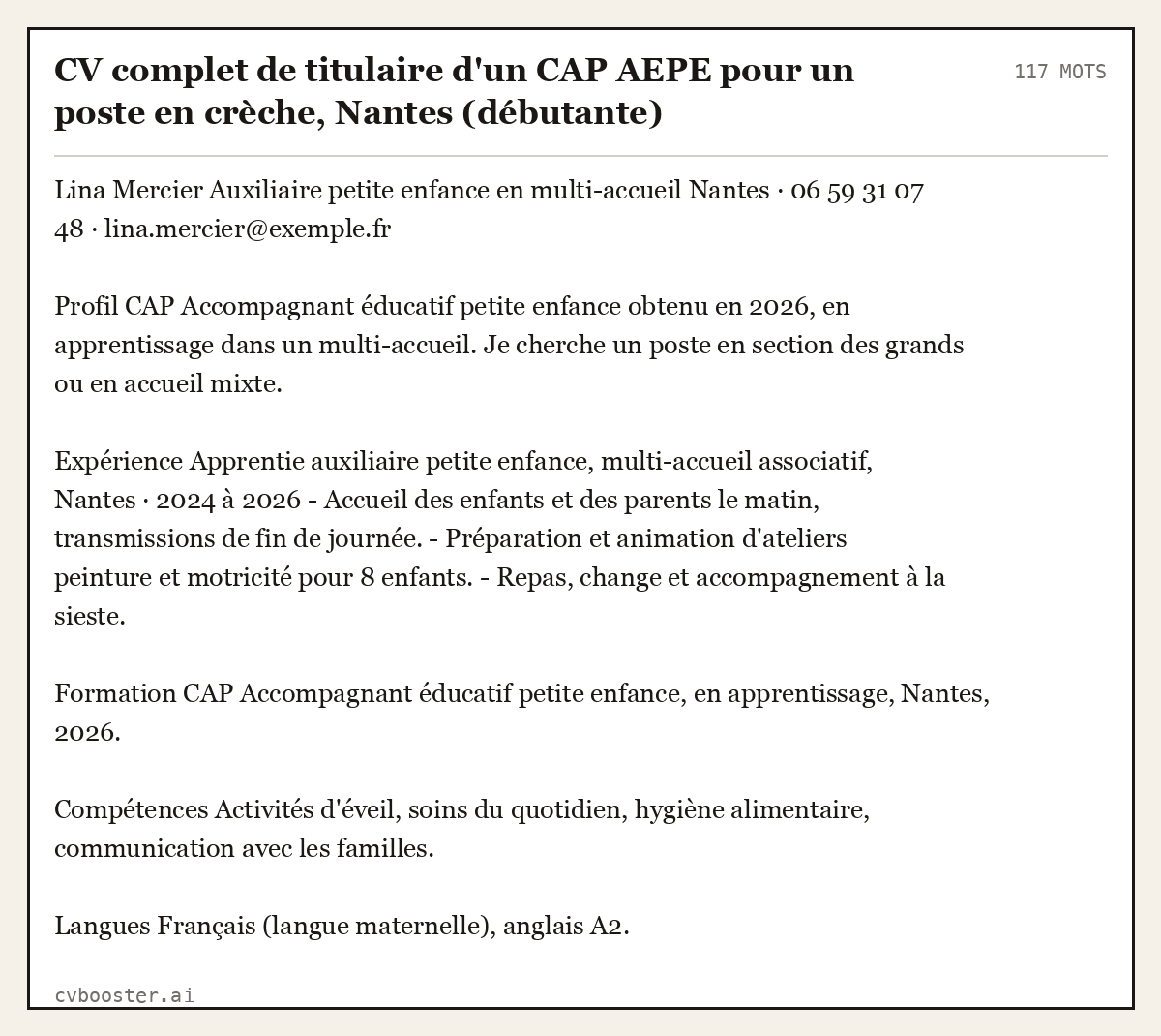 Exemple complet: CV complet de titulaire d'un CAP AEPE pour un poste en crèche, Nantes (débutante), 117 mots