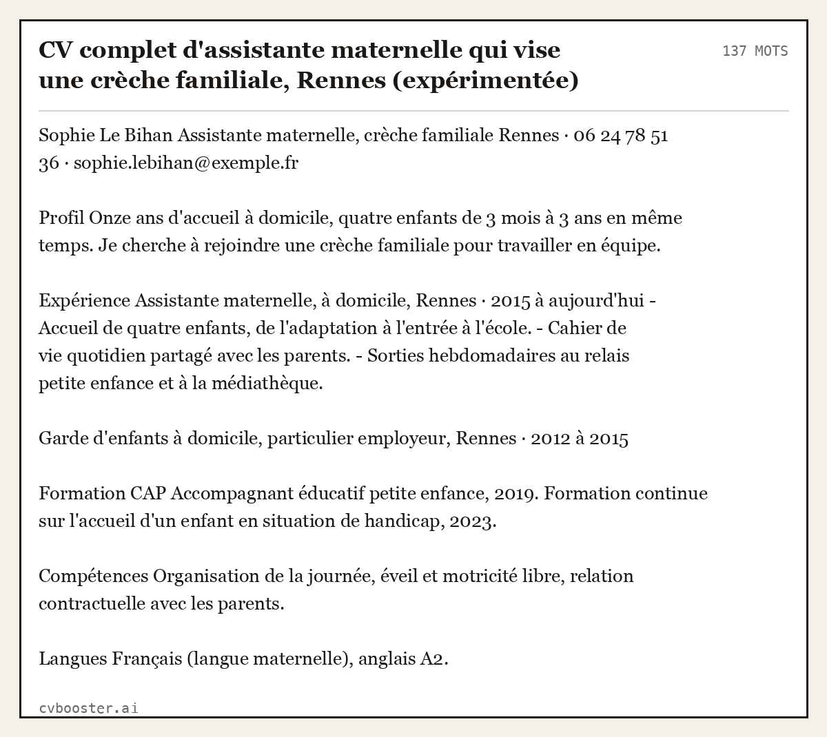 Exemple complet: CV complet d'assistante maternelle qui vise une crèche familiale, Rennes (expérimentée), 137 mots