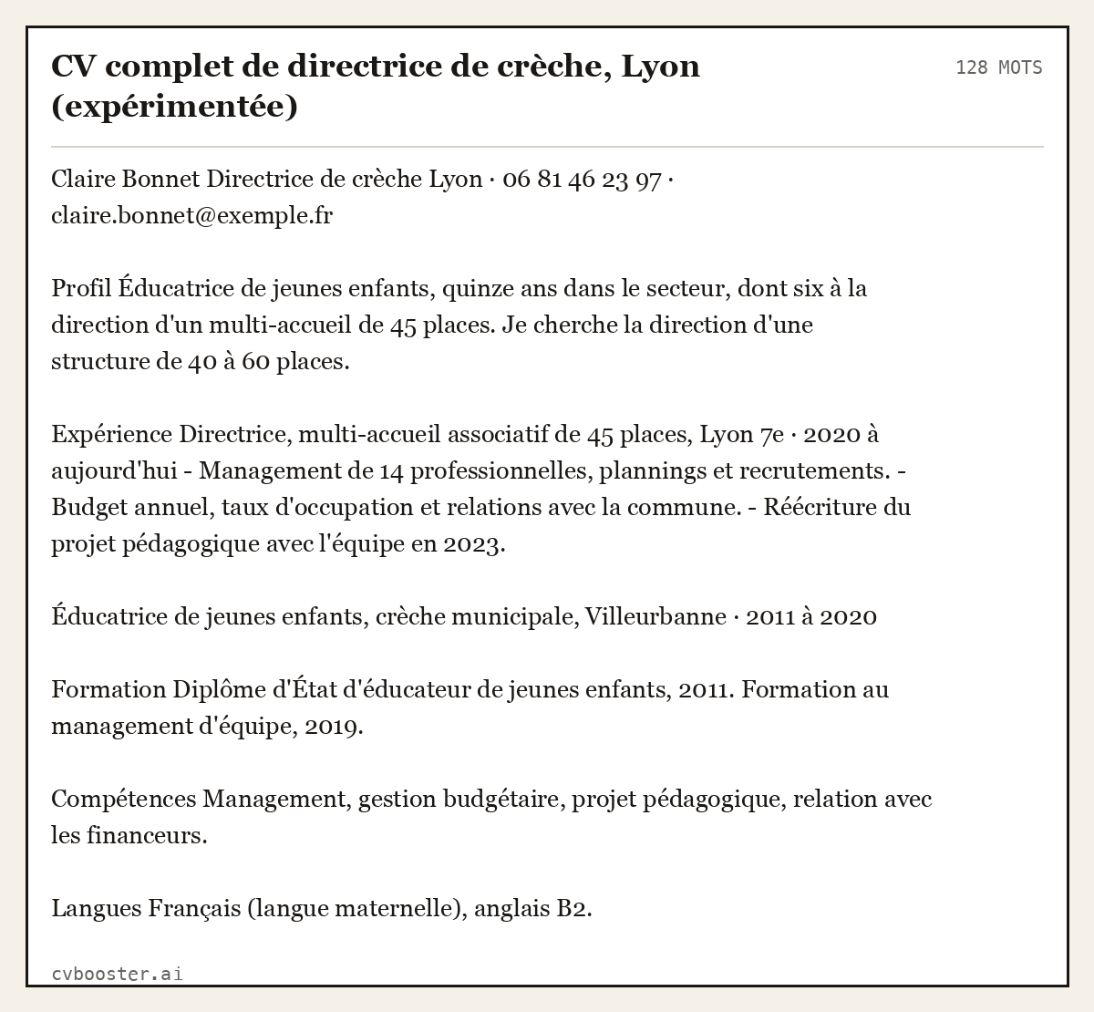 Exemple complet: CV complet de directrice de crèche, Lyon (expérimentée), 128 mots