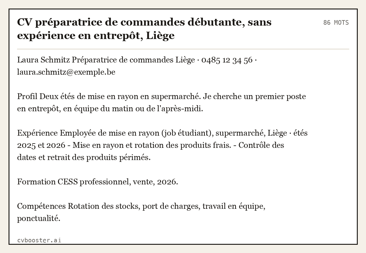 Exemple complet: CV préparatrice de commandes débutante, sans expérience en entrepôt, Liège, 86 mots