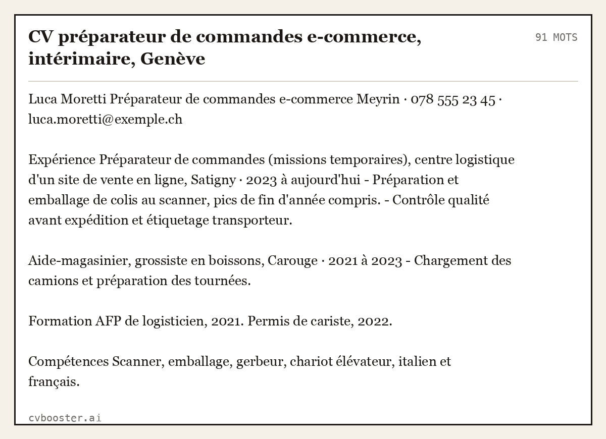 Exemple complet: CV préparateur de commandes e-commerce, intérimaire, Genève, 91 mots