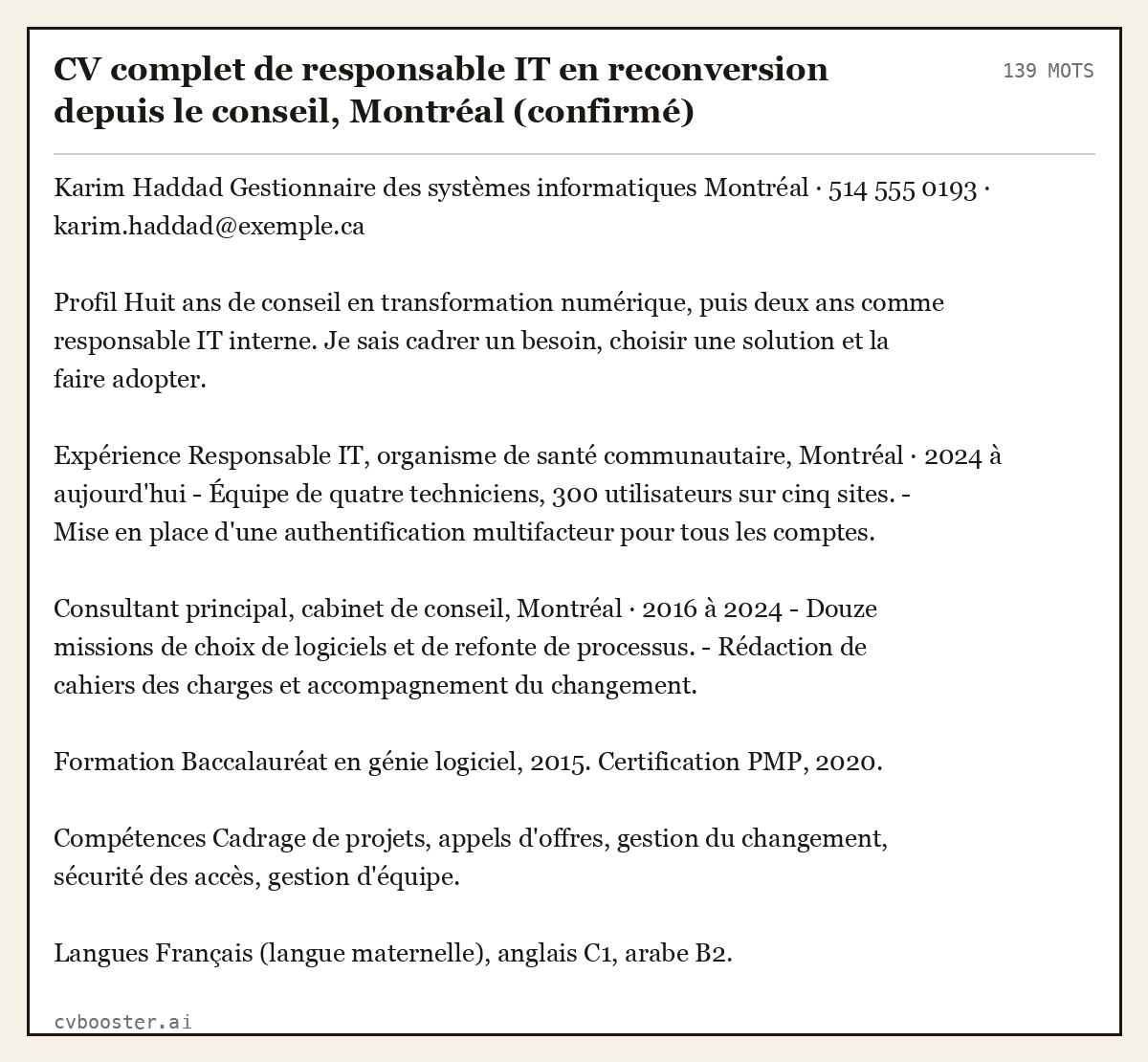 Exemple complet: CV complet de responsable IT en reconversion depuis le conseil, Montréal (confirmé), 139 mots