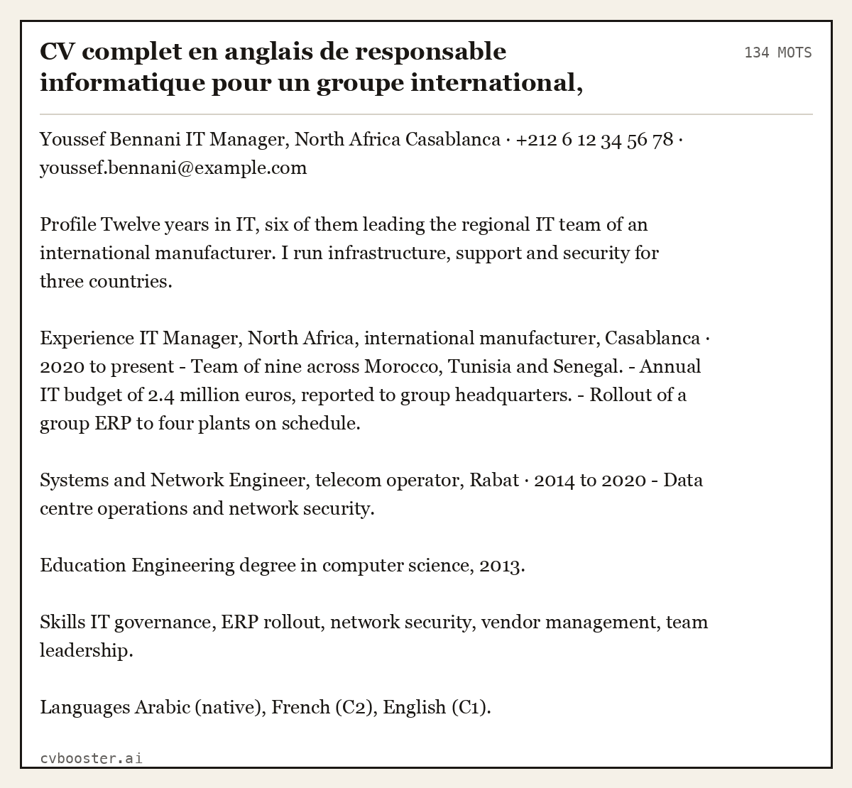 Exemple complet: CV complet en anglais de responsable informatique pour un groupe international, Casablanca (expérimenté), 134 mots