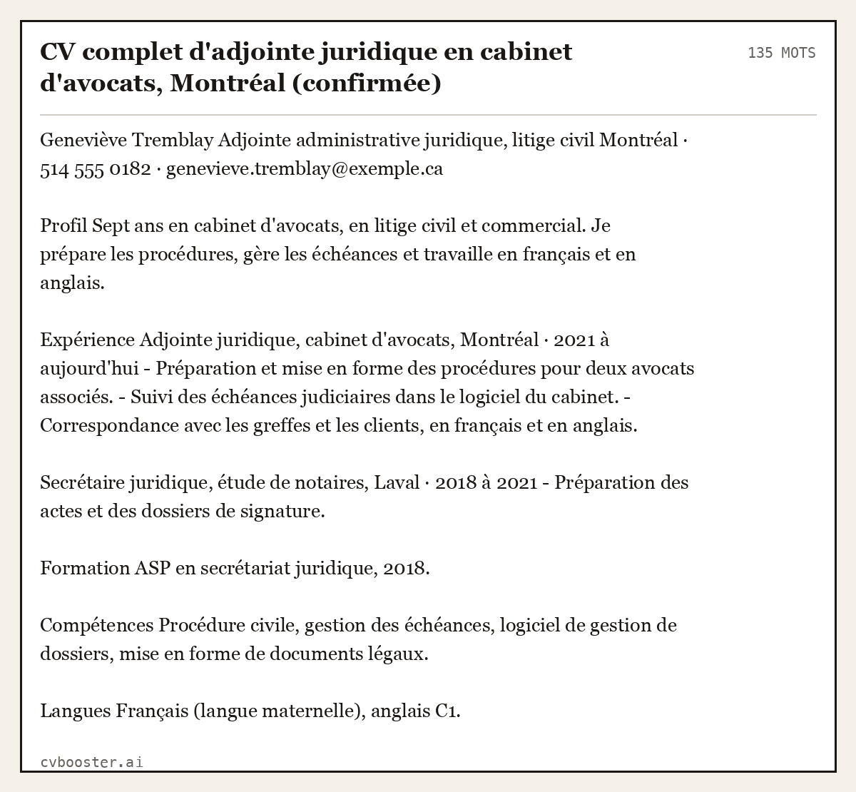 Exemple complet: CV complet d'adjointe juridique en cabinet d'avocats, Montréal (confirmée), 135 mots
