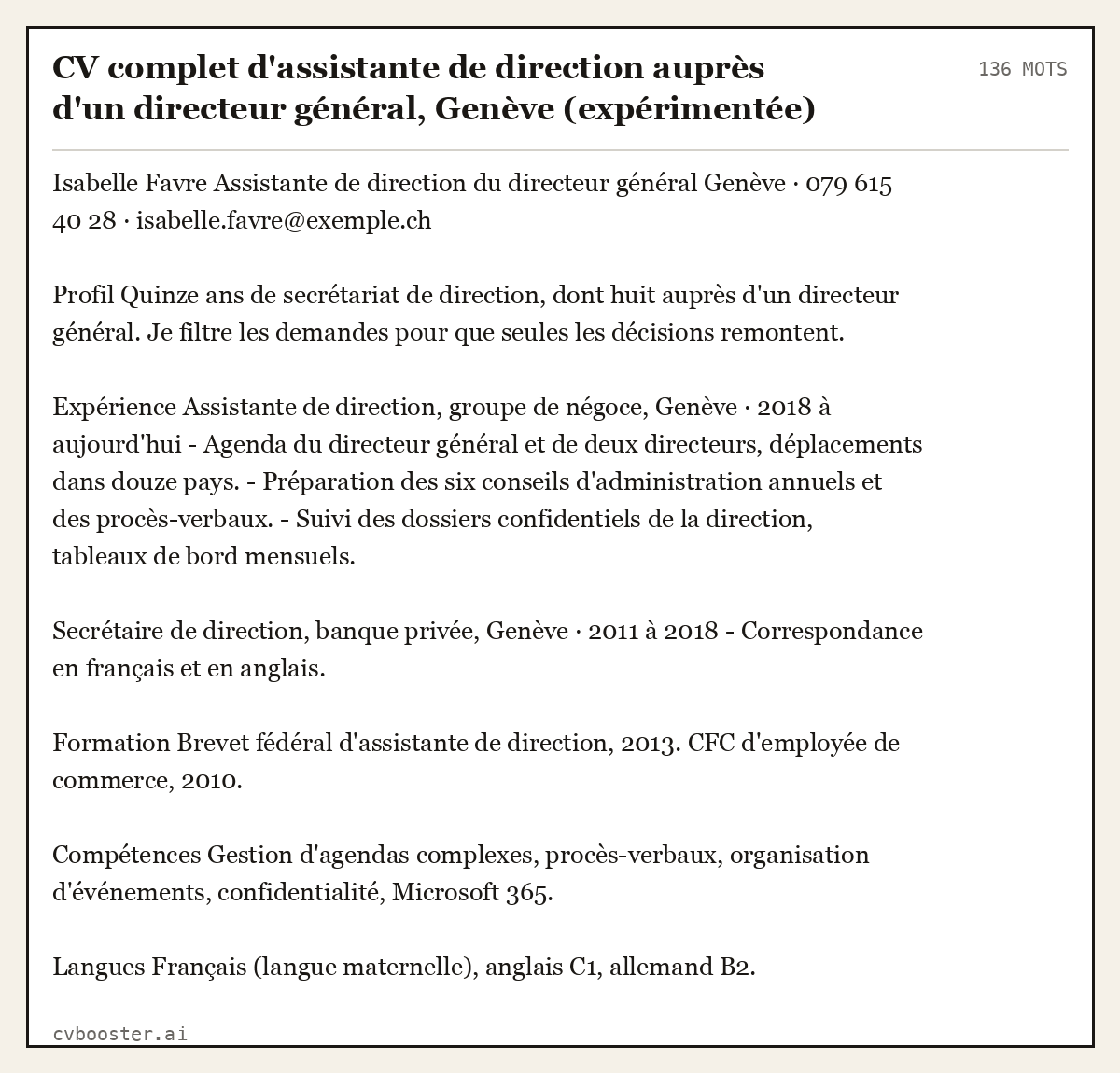 Exemple complet: CV complet d'assistante de direction auprès d'un directeur général, Genève (expérimentée), 136 mots