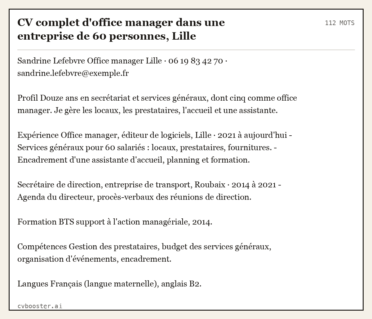 Exemple complet: CV complet d'office manager dans une entreprise de 60 personnes, Lille (expérimentée), 112 mots