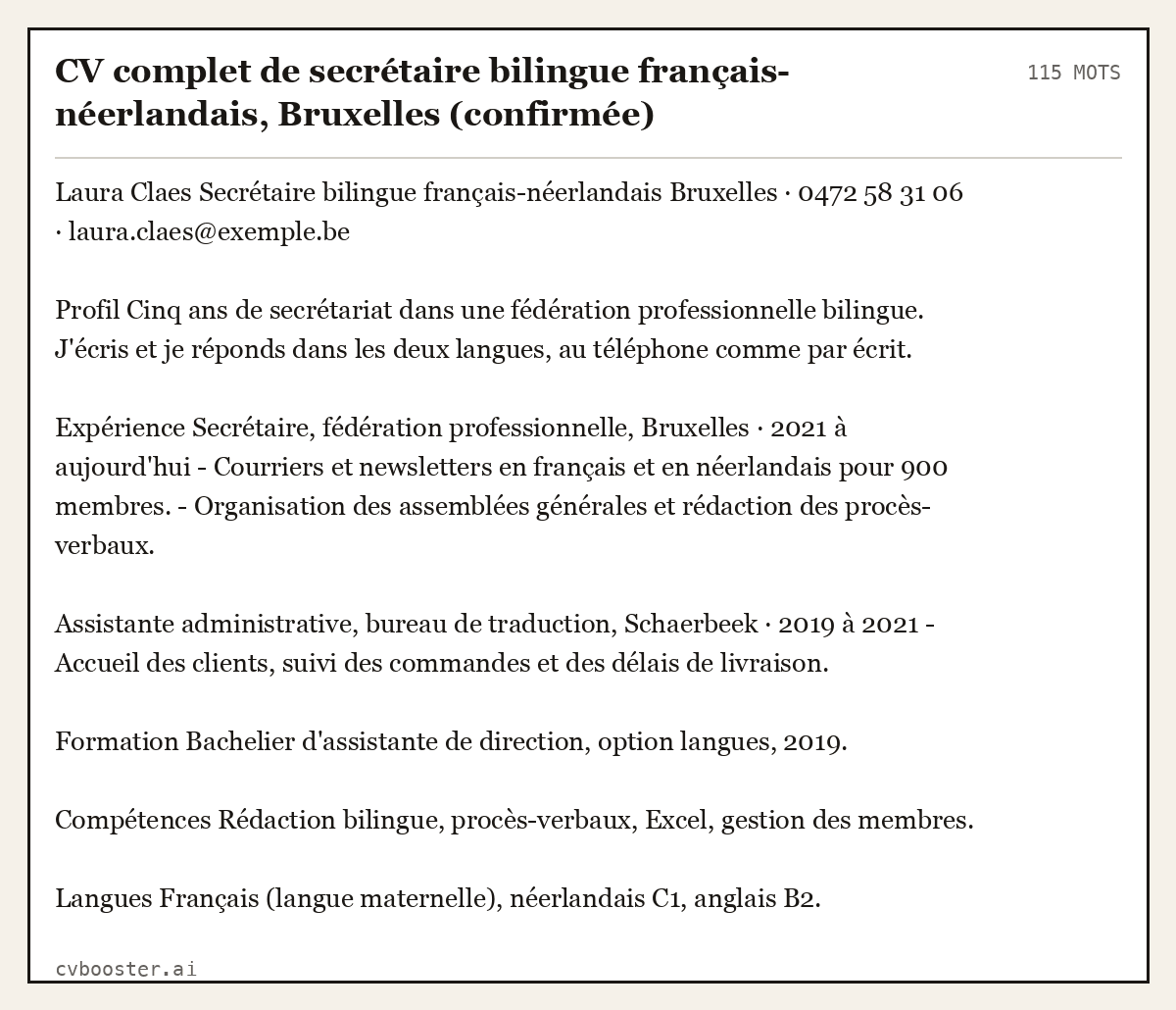 Exemple complet: CV complet de secrétaire bilingue français-néerlandais, Bruxelles (confirmée), 115 mots