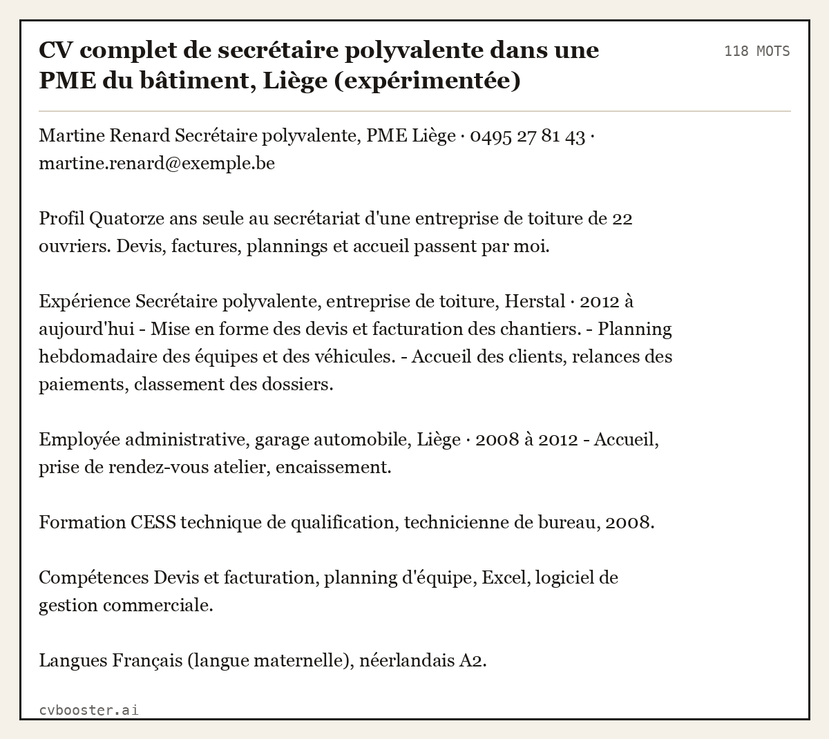 Exemple complet: CV complet de secrétaire polyvalente dans une PME du bâtiment, Liège (expérimentée), 118 mots