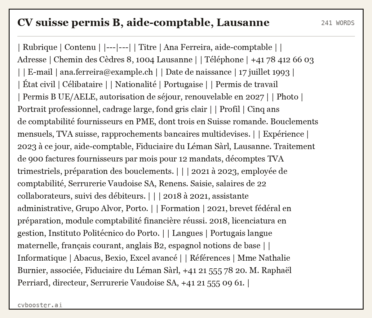 Exemple complet: CV suisse permis B, aide-comptable, Lausanne, 241 mots