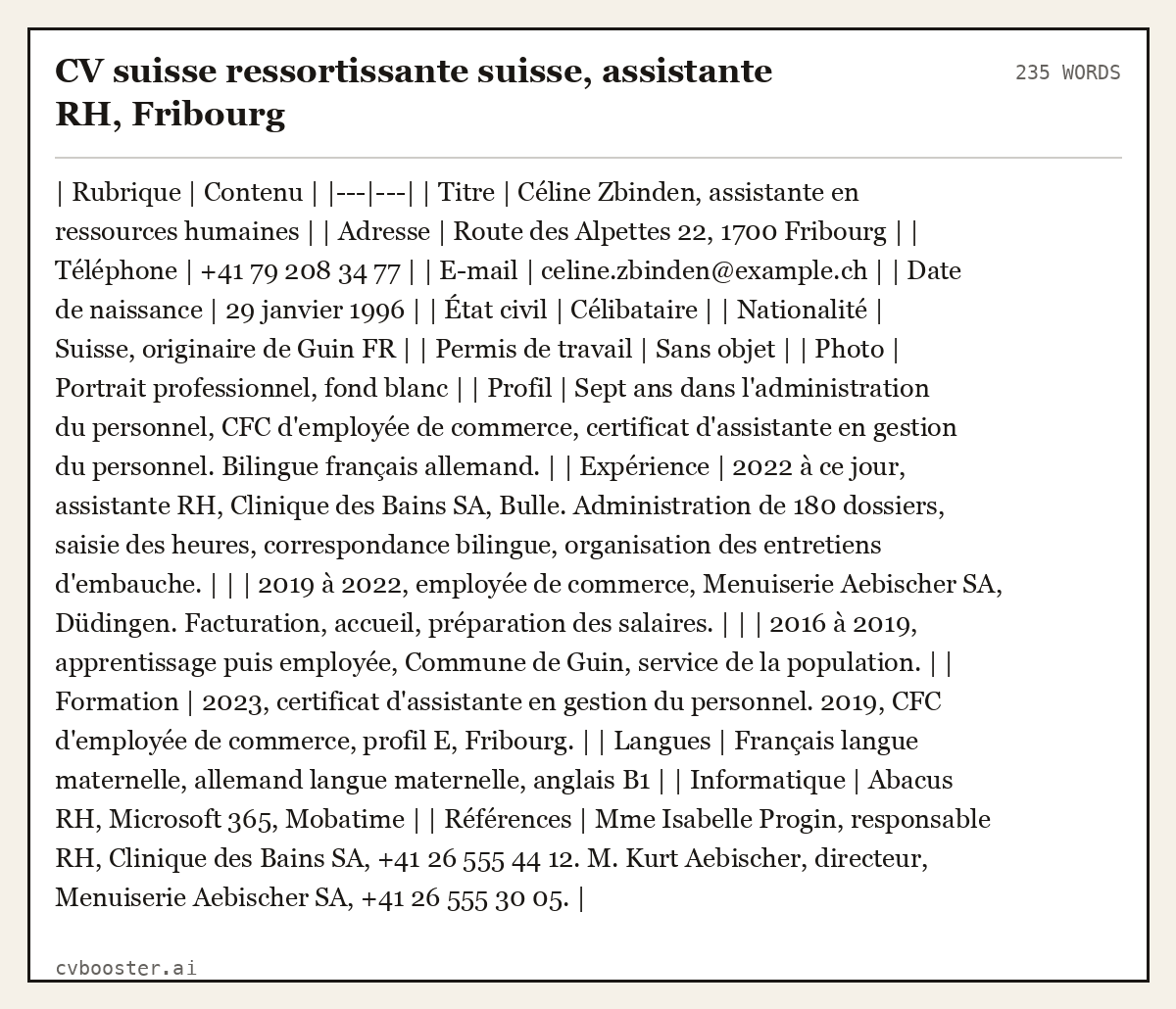 Exemple complet: CV suisse ressortissante suisse, assistante RH, Fribourg, 235 mots