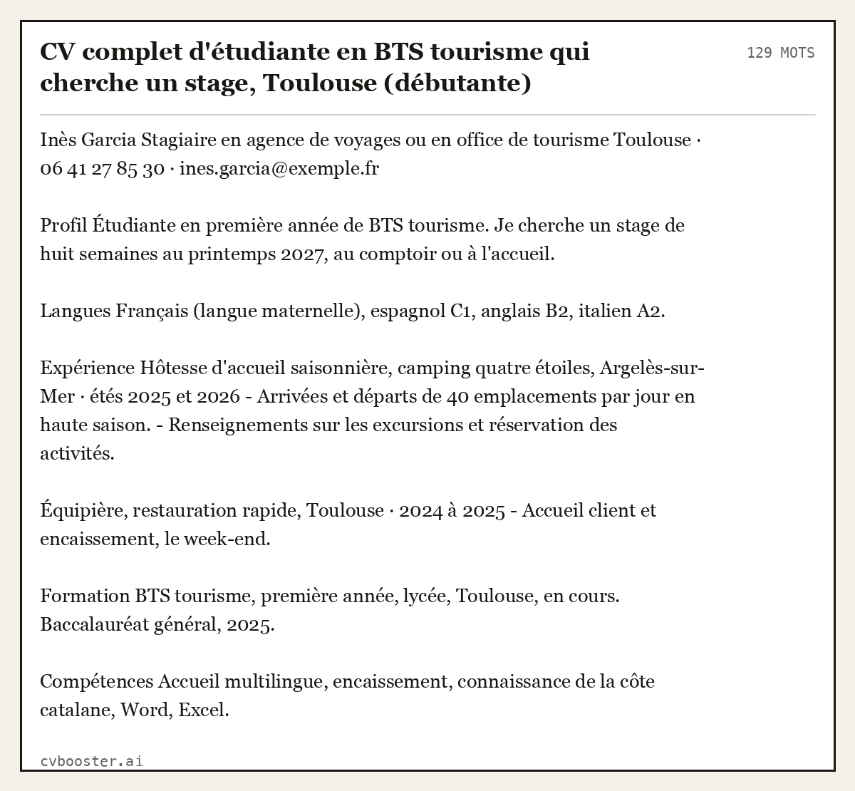 Exemple complet: CV complet d'étudiante en BTS tourisme qui cherche un stage, Toulouse (débutante), 129 mots