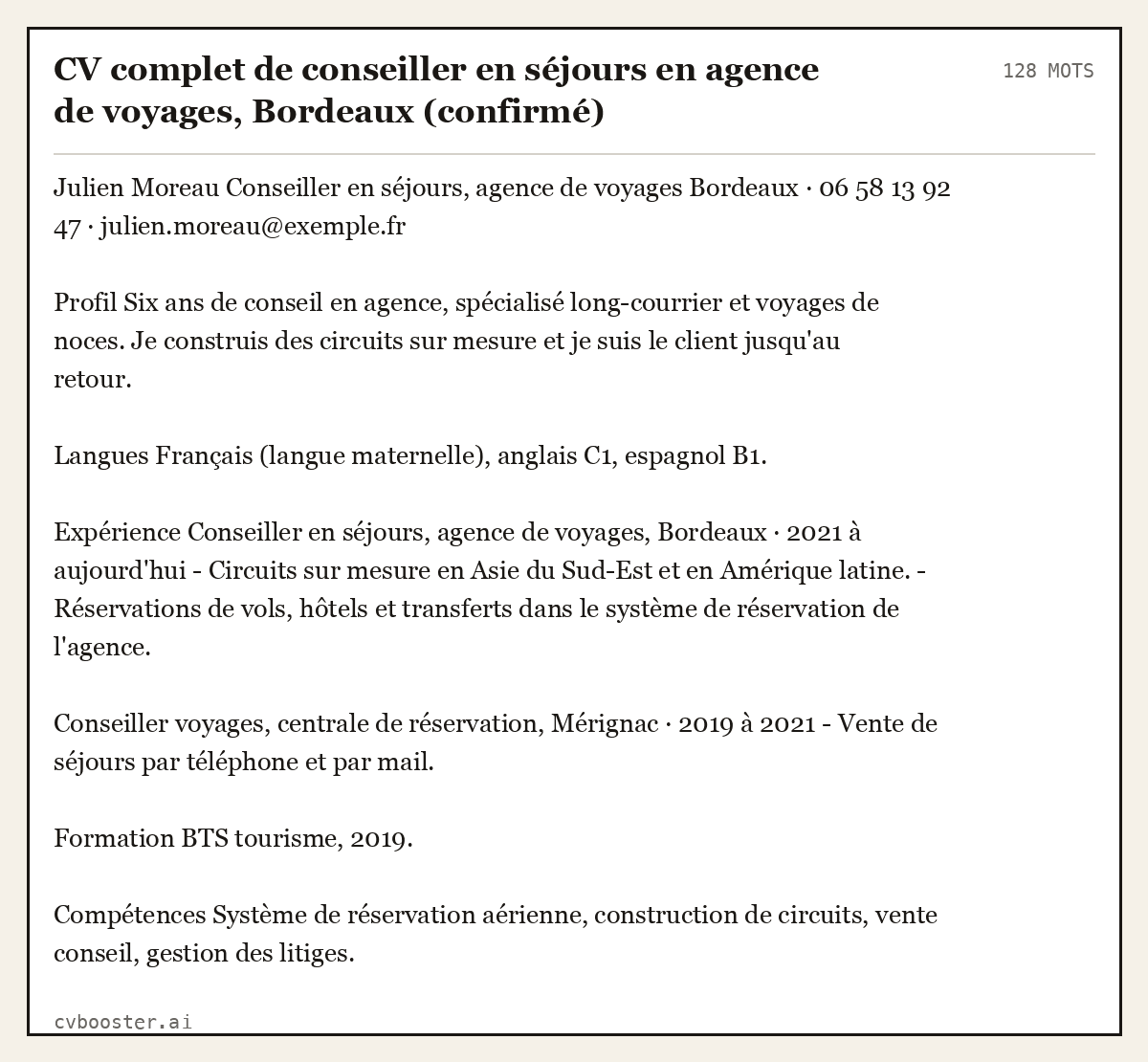 Exemple complet: CV complet de conseiller en séjours en agence de voyages, Bordeaux (confirmé), 128 mots