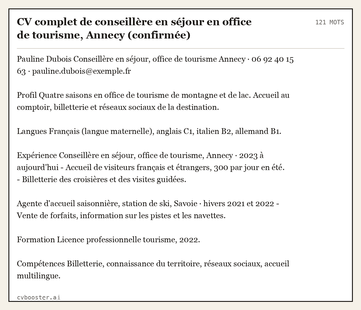 Exemple complet: CV complet de conseillère en séjour en office de tourisme, Annecy (confirmée), 121 mots