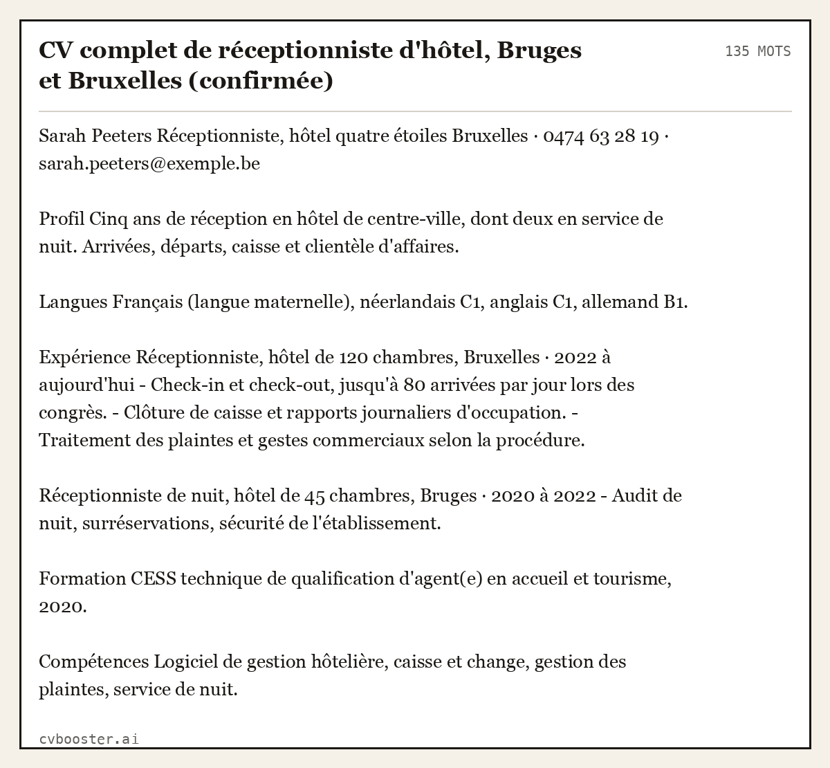Exemple complet: CV complet de réceptionniste d'hôtel, Bruges et Bruxelles (confirmée), 135 mots