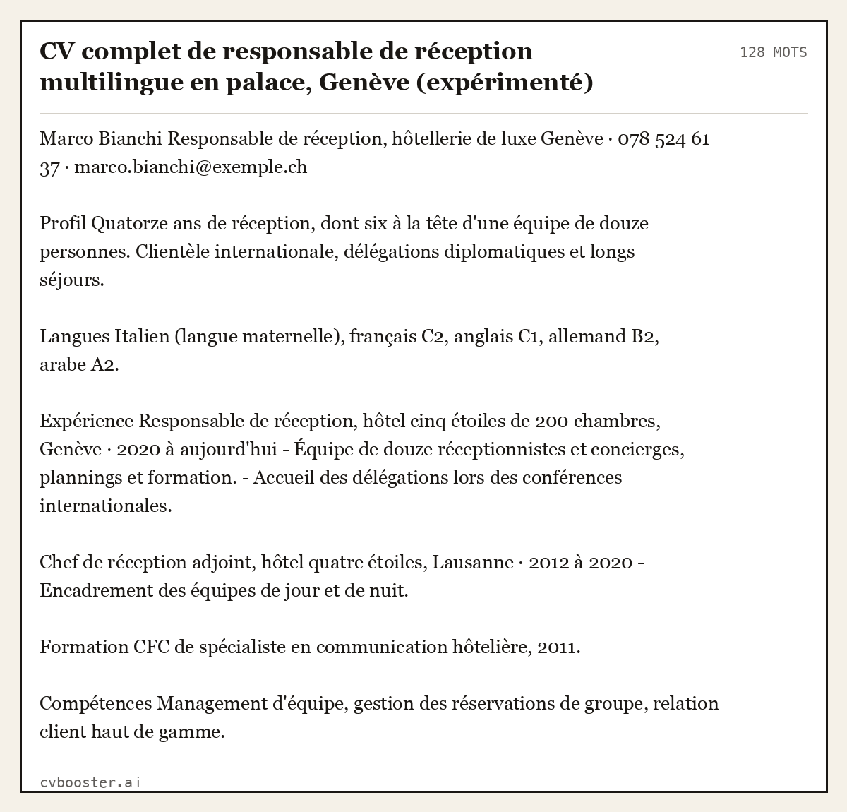 Exemple complet: CV complet de responsable de réception multilingue en palace, Genève (expérimenté), 128 mots